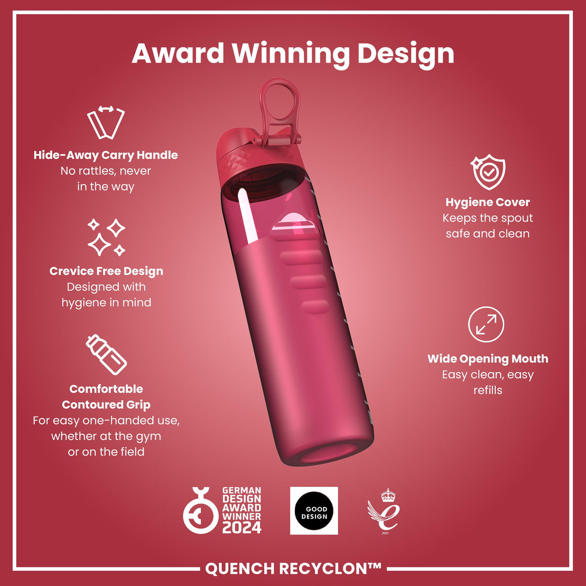 Leak Proof 1 litre Water Bottle, Recyclon, Half-Cut, Magenta, 1L