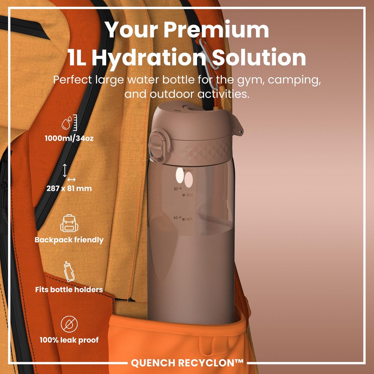 Leak Proof 1 litre Water Bottle, Recyclon, Half-Cut, Mocha, 1L
