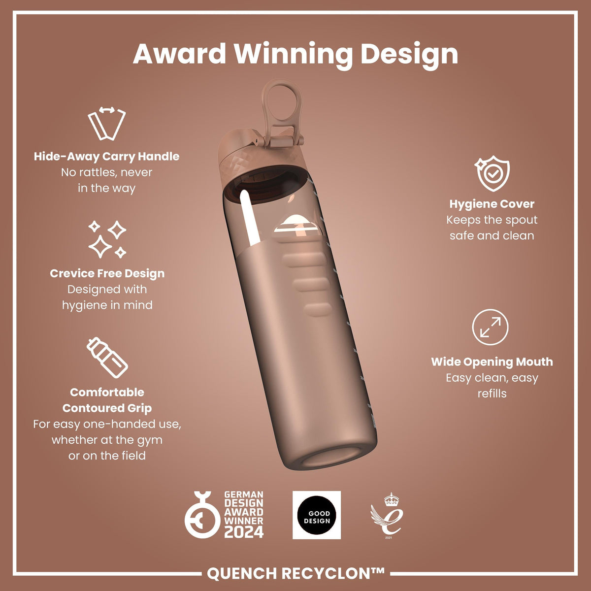 Leak Proof 1 litre Water Bottle, Recyclon, Half-Cut, Mocha, 1L