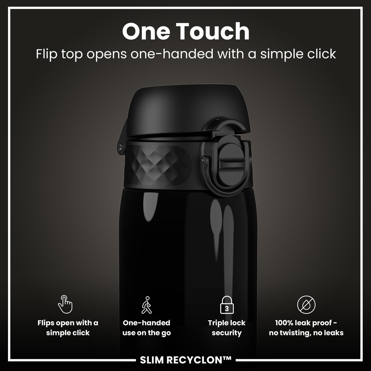 Leak Proof Slim Water Bottle, Recyclon, Half-Cut, Black, 500ml (18oz)