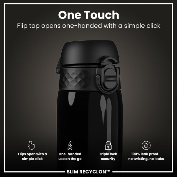Leak Proof Slim Water Bottle, Recyclon, Half-Cut, Black, 500ml (18oz)