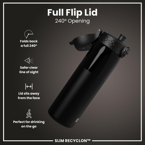 Leak Proof Slim Water Bottle, Recyclon, Half-Cut, Black, 500ml (18oz)