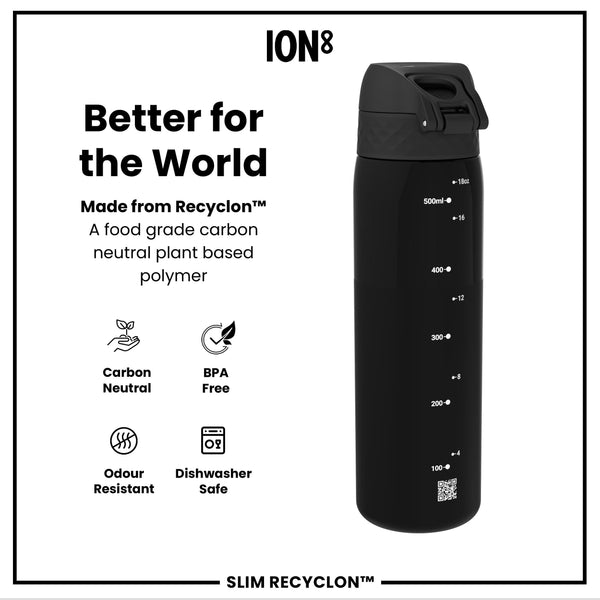 Leak Proof Slim Water Bottle, Recyclon, Half-Cut, Black, 500ml (18oz)