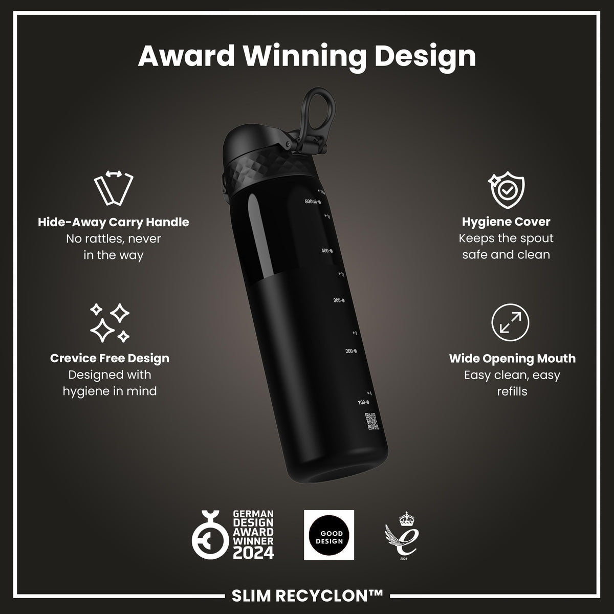 Leak Proof Slim Water Bottle, Recyclon, Half-Cut, Black, 500ml (18oz)