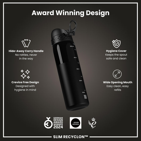 Leak Proof Slim Water Bottle, Recyclon, Half-Cut, Black, 500ml (18oz)