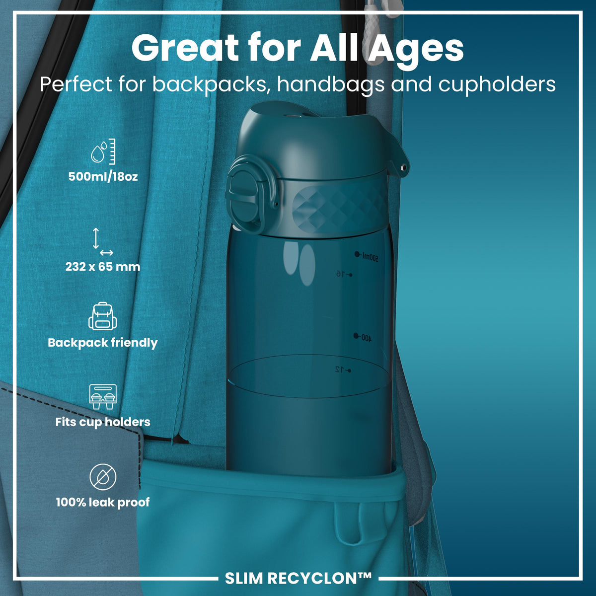Leak Proof Slim Water Bottle, Recyclon, Half-Cut, Teal, 500ml (18oz)
