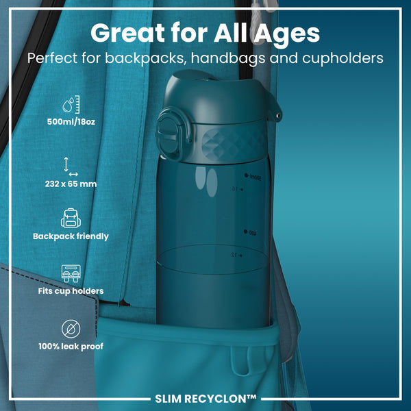 Leak Proof Slim Water Bottle, Recyclon, Half-Cut, Teal, 500ml (18oz)