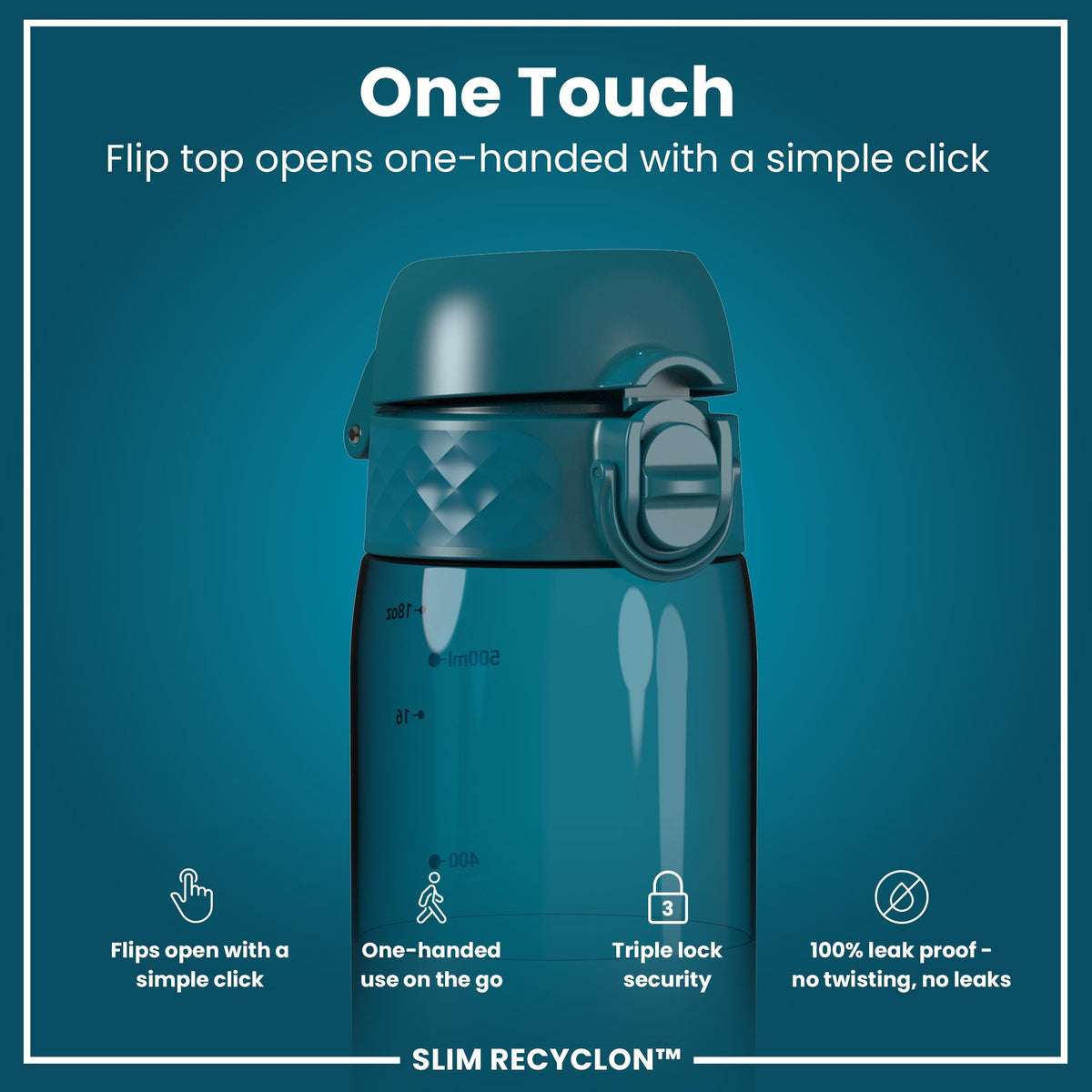 Leak Proof Slim Water Bottle, Recyclon, Half-Cut, Teal, 500ml (18oz)