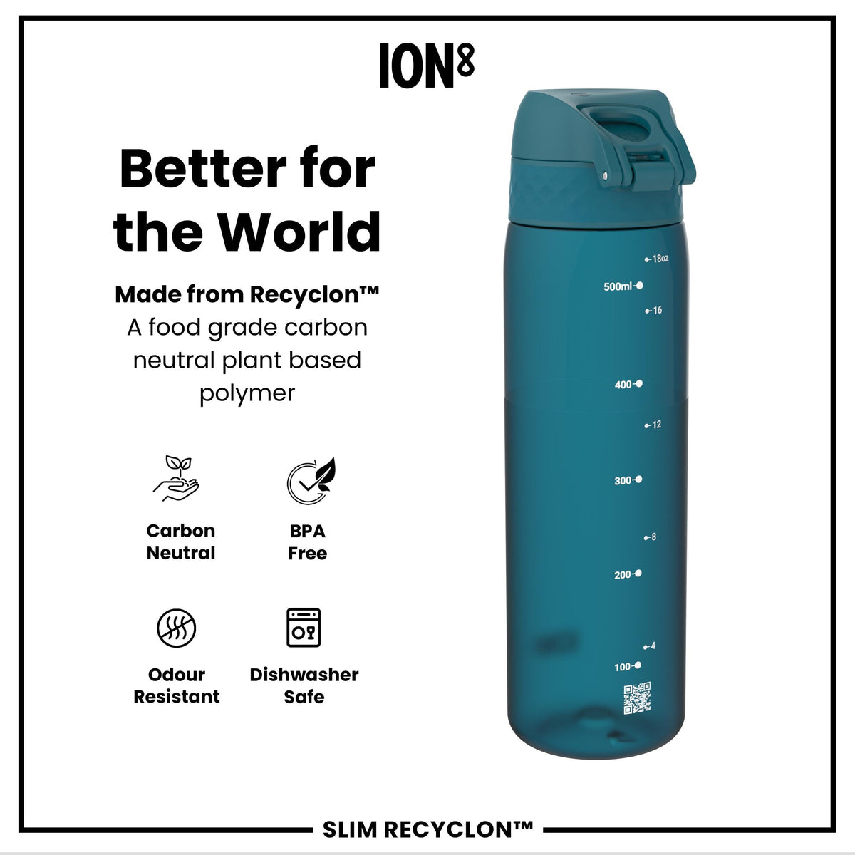 Leak Proof Slim Water Bottle, Recyclon, Half-Cut, Teal, 500ml (18oz)