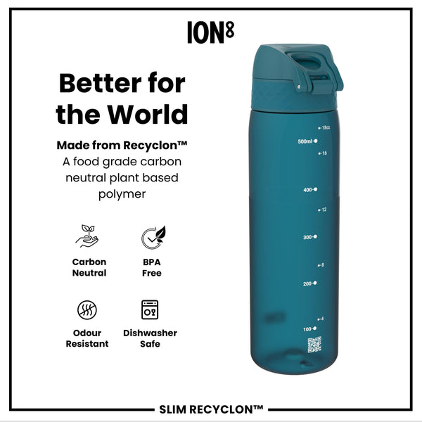 Leak Proof Slim Water Bottle, Recyclon, Half-Cut, Teal, 500ml (18oz)