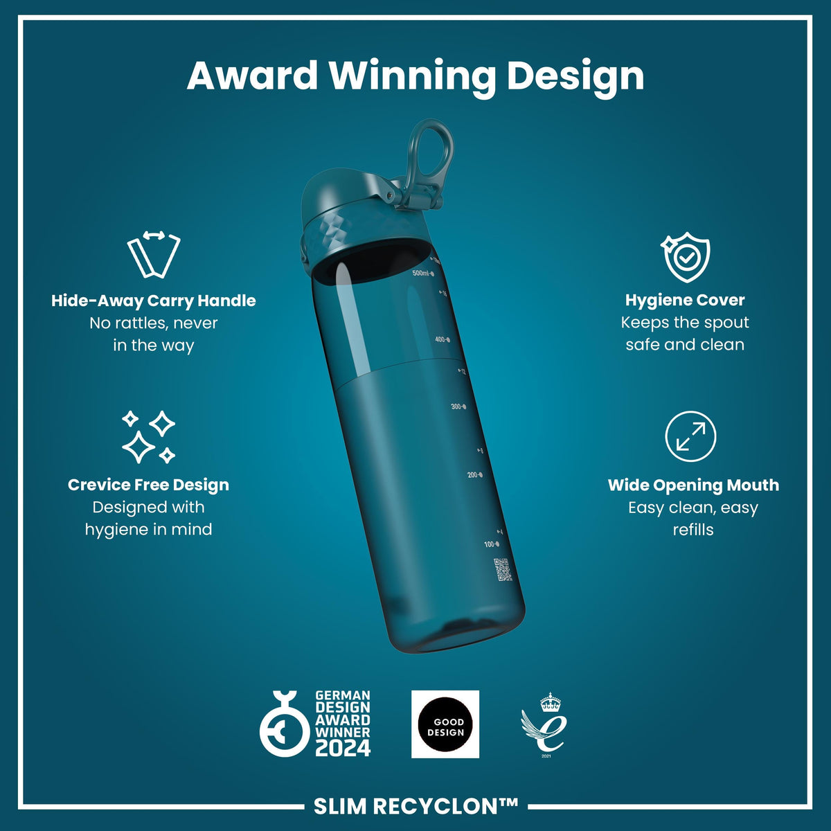 Leak Proof Slim Water Bottle, Recyclon, Half-Cut, Teal, 500ml (18oz)