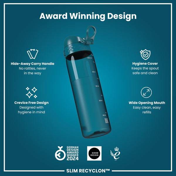 Leak Proof Slim Water Bottle, Recyclon, Half-Cut, Teal, 500ml (18oz)