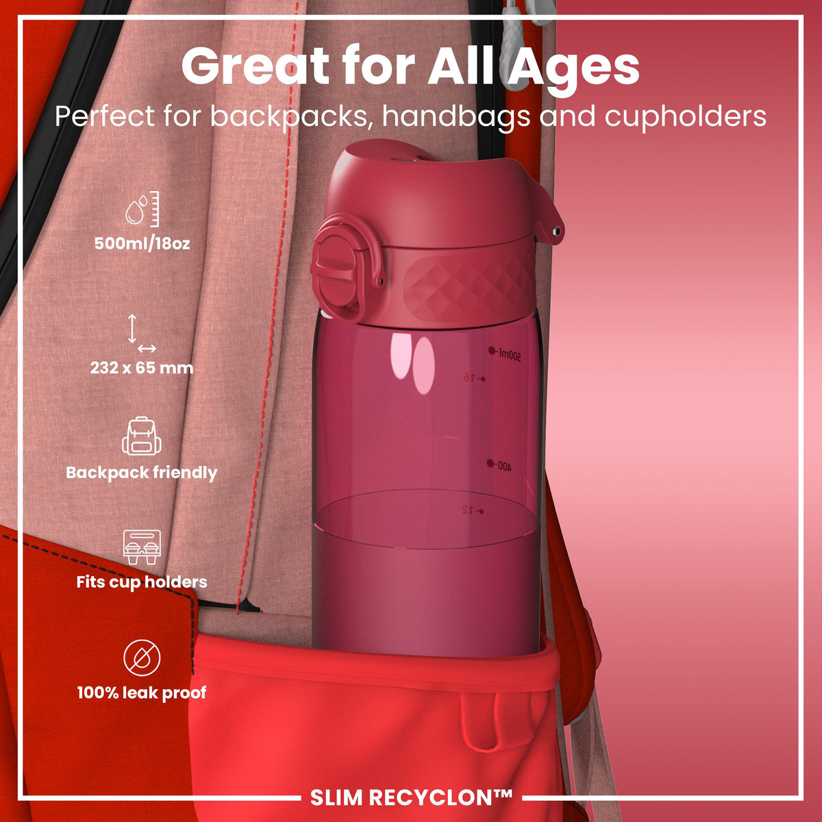 Leak Proof Slim Water Bottle, Recyclon, Half-Cut, Magenta, 500ml (18oz)