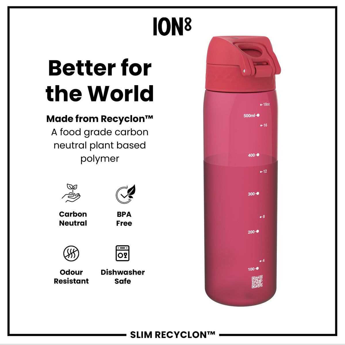 Leak Proof Slim Water Bottle, Recyclon, Half-Cut, Magenta, 500ml (18oz)