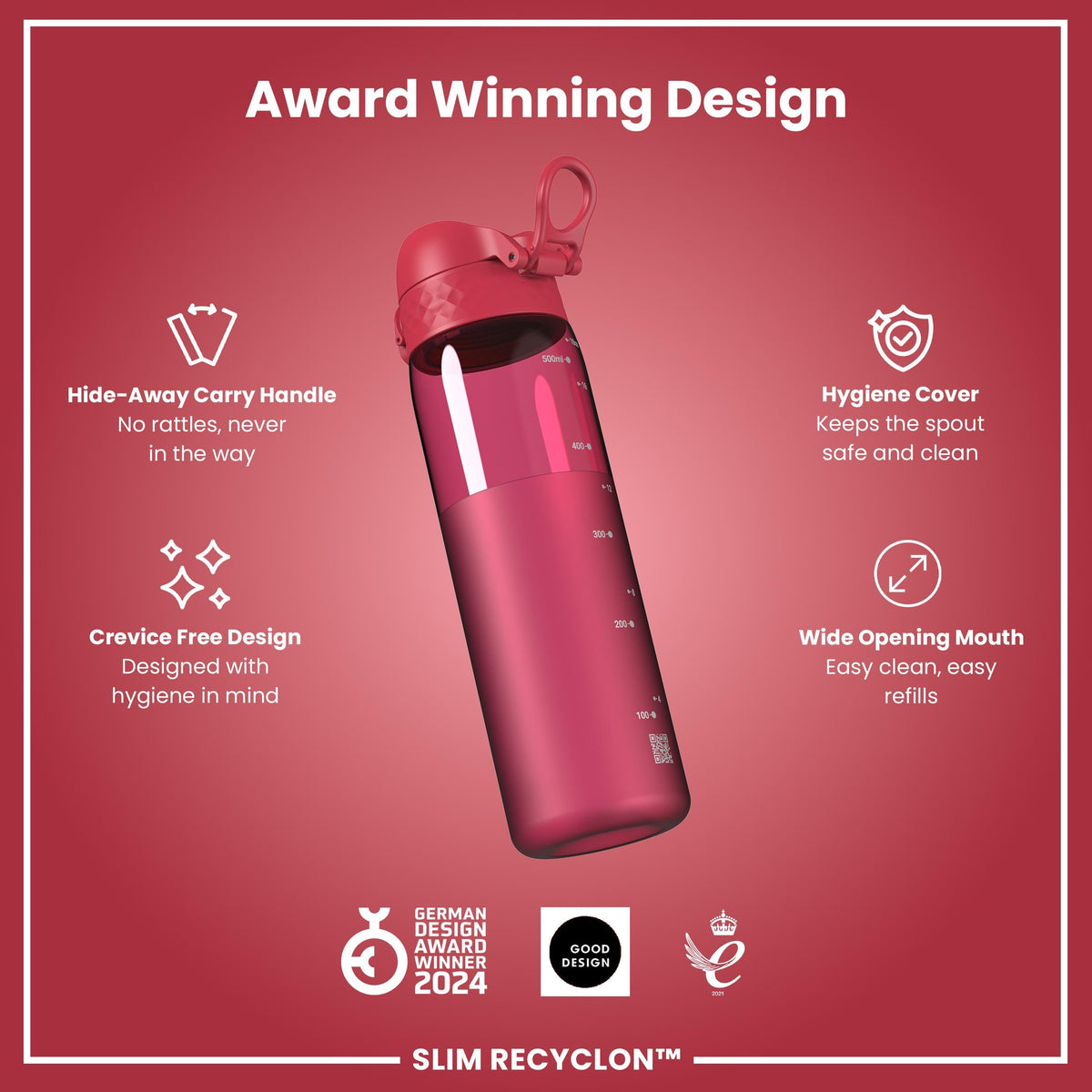 Leak Proof Slim Water Bottle, Recyclon, Half-Cut, Magenta, 500ml (18oz)