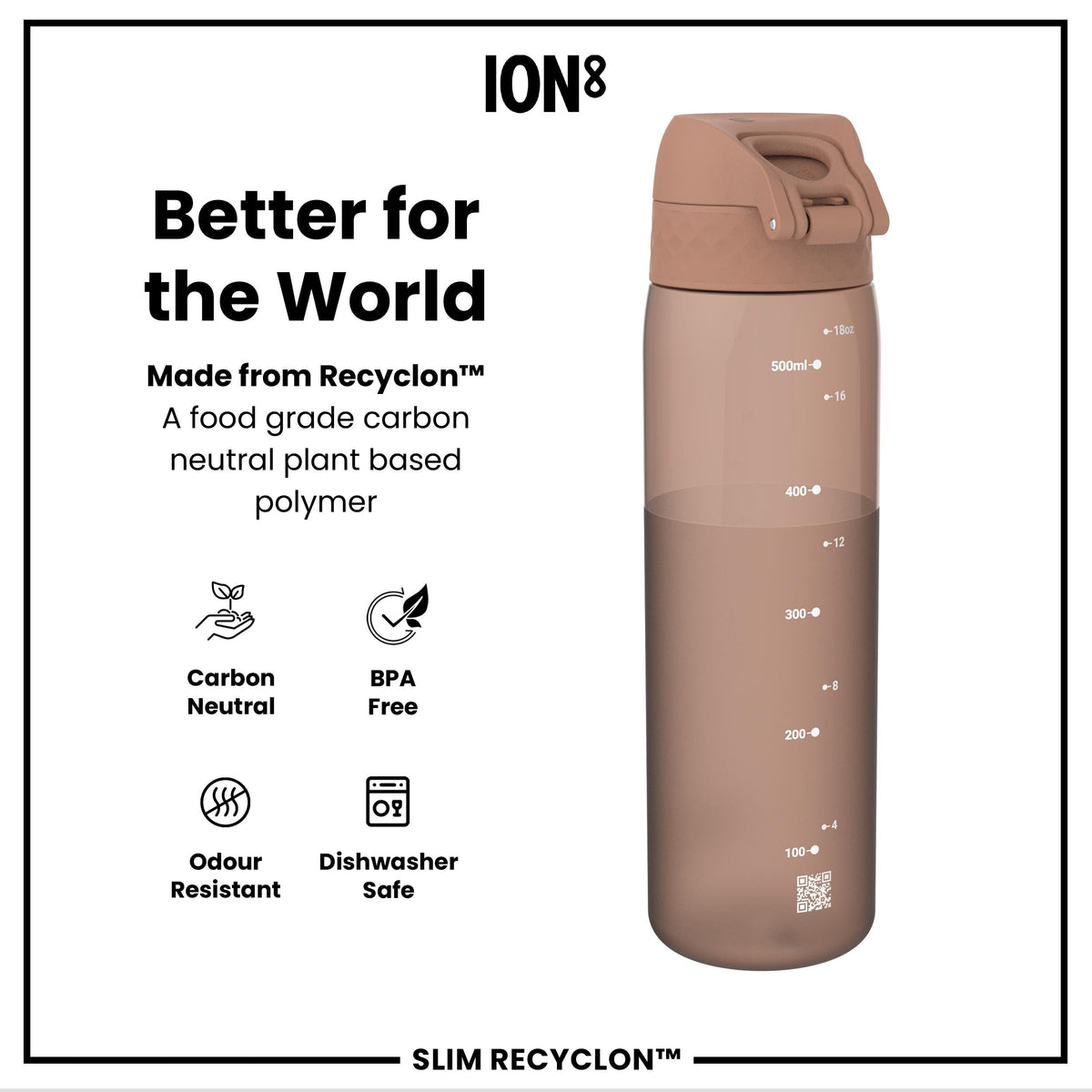 Leak Proof Slim Water Bottle, Recyclon, Half-Cut, Mocha, 500ml (18oz)