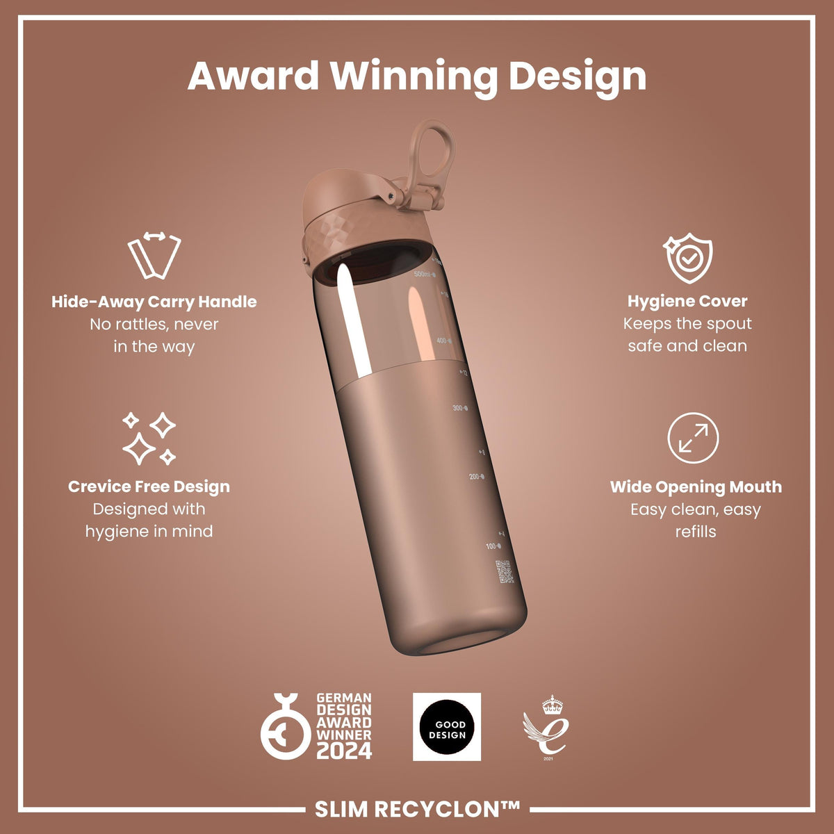 Leak Proof Slim Water Bottle, Recyclon, Half-Cut, Mocha, 500ml (18oz)