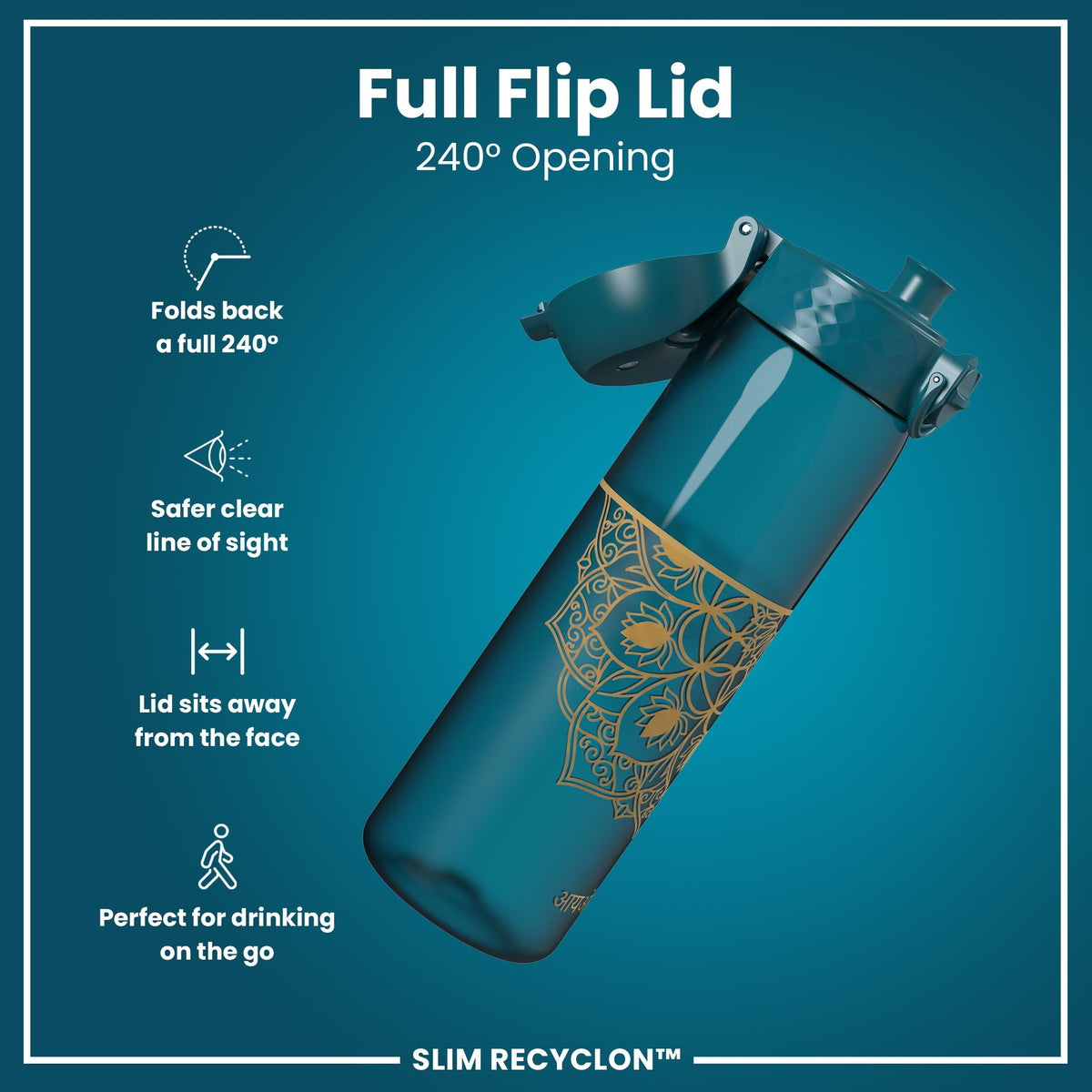 Leak Proof Slim Water Bottle, Recyclon, Half-Cut, Mandalas, 500ml (18oz)