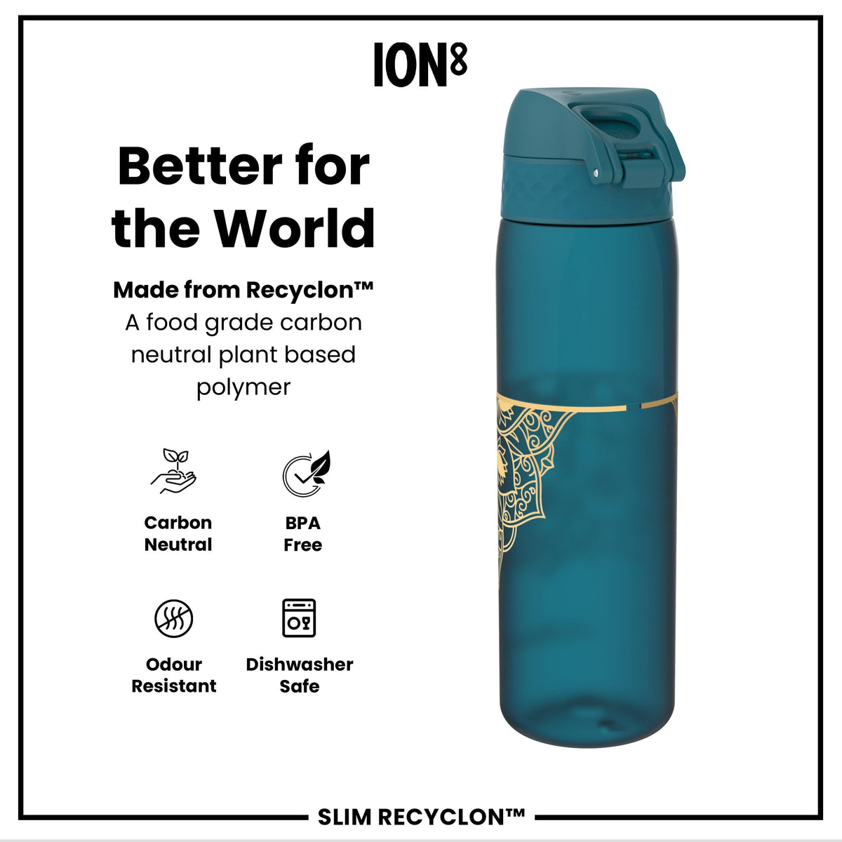 Leak Proof Slim Water Bottle, Recyclon, Half-Cut, Mandalas, 500ml (18oz)