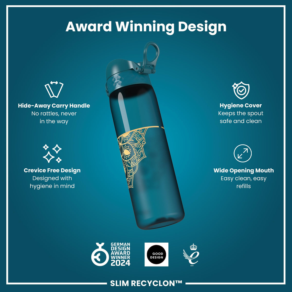 Leak Proof Slim Water Bottle, Recyclon, Half-Cut, Mandalas, 500ml (18oz)