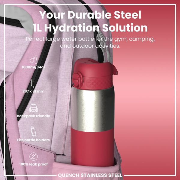Leak Proof 1 Litre Water Bottle, Stainless Steel, Half-Cut, Magenta, 1L