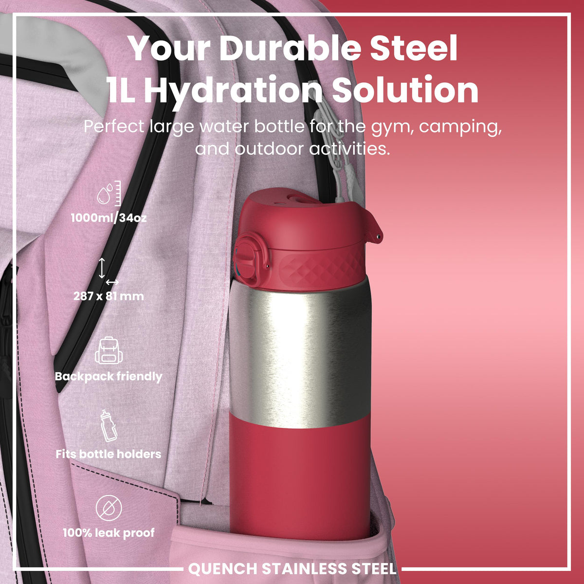 Leak Proof 1 Litre Thermal Water Bottle, Insulated, Half-Cut, Magenta, 1L