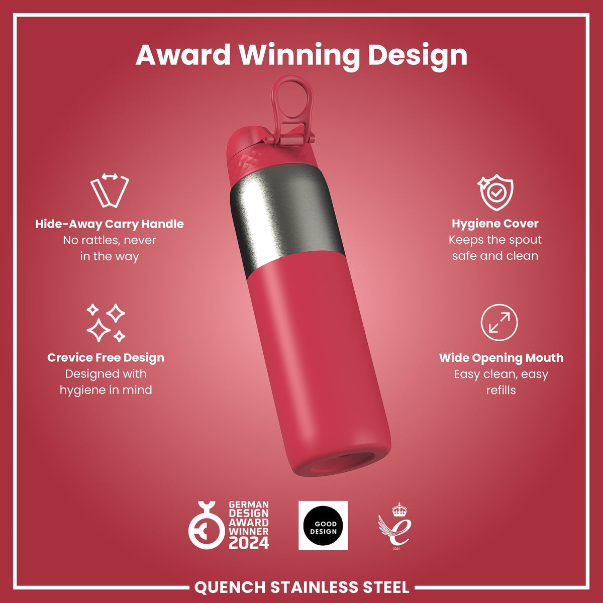 Leak Proof 1 Litre Water Bottle, Stainless Steel, Half-Cut, Magenta, 1L