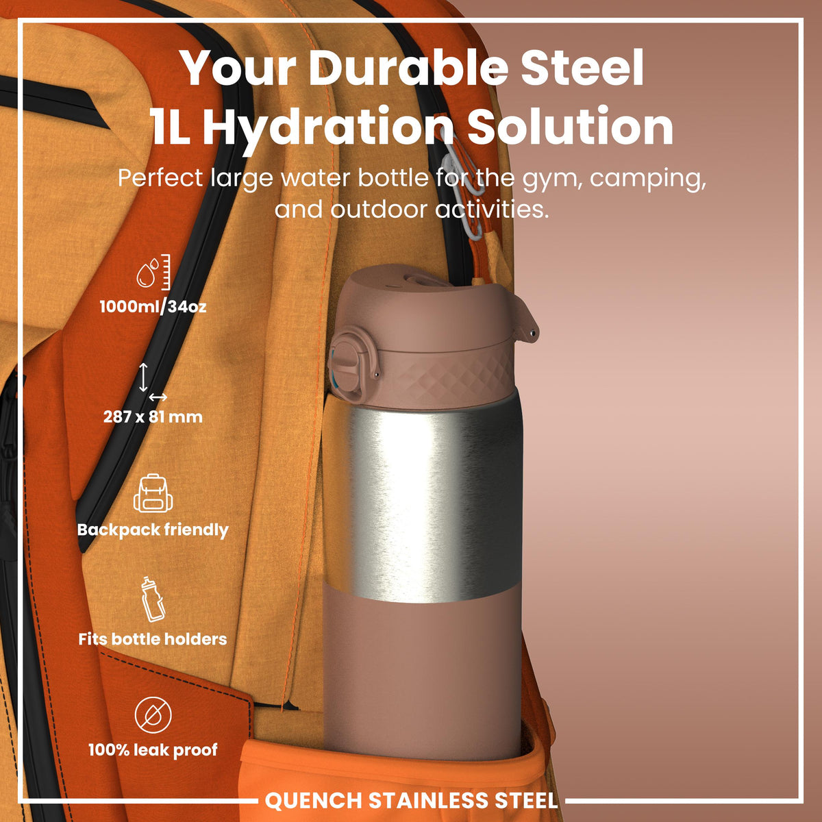 Leak Proof 1 Litre Water Bottle, Stainless Steel, Mocha, 1L