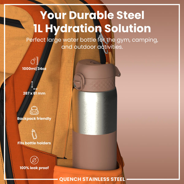 Leak Proof 1 Litre Water Bottle, Stainless Steel, Mocha, 1L