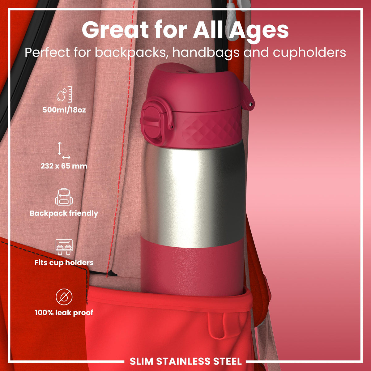 Leak Proof Slim Water Bottle, Stainless Steel, Half-Cut, Magenta, 600ml (20oz)
