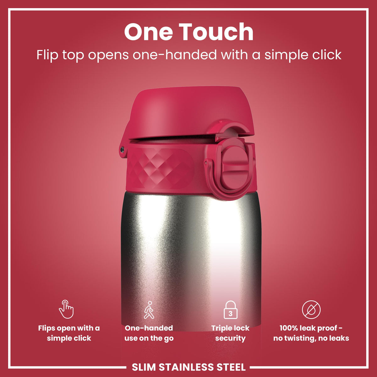 Leak Proof Slim Water Bottle, Stainless Steel, Half-Cut, Magenta, 600ml (20oz)