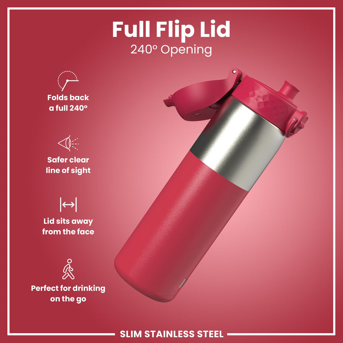 Leak Proof Slim Water Bottle, Stainless Steel, Half-Cut, Magenta, 600ml (20oz)
