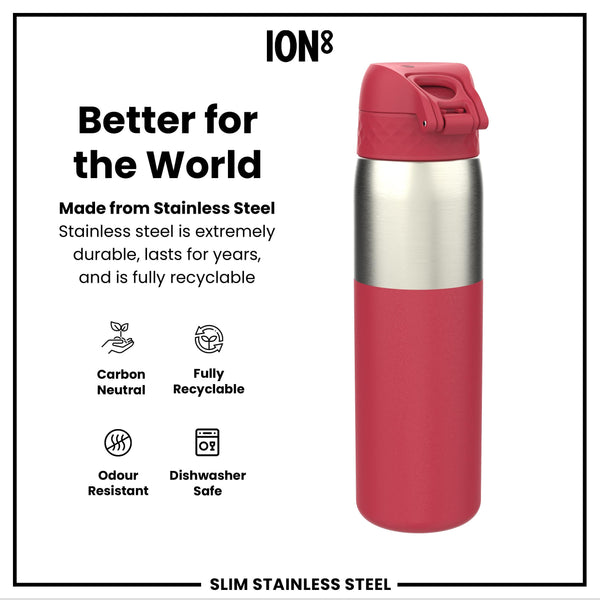 Leak Proof Slim Water Bottle, Stainless Steel, Half-Cut, Magenta, 600ml (20oz)