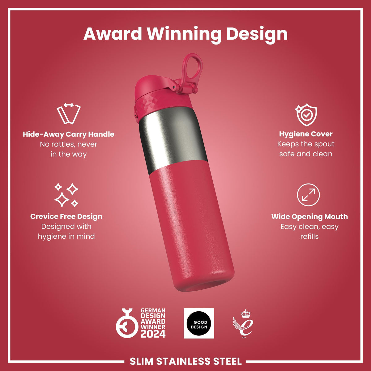 Leak Proof Slim Water Bottle, Stainless Steel, Half-Cut, Magenta, 600ml (20oz)
