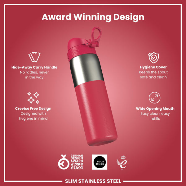 Leak Proof Slim Water Bottle, Stainless Steel, Half-Cut, Magenta, 600ml (20oz)