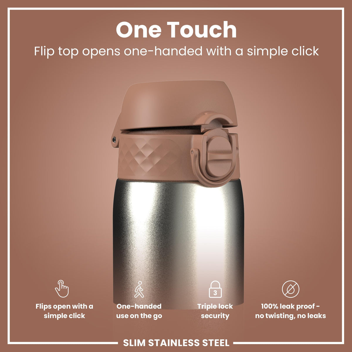 Leak Proof Slim Water Bottle, Stainless Steel, Mocha, 600ml (20oz)