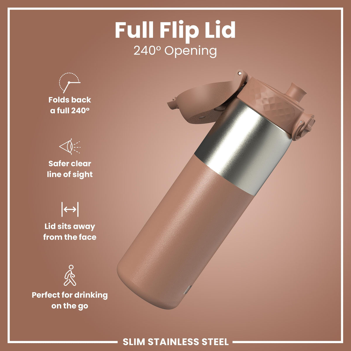 Leak Proof Slim Water Bottle, Stainless Steel, Mocha, 600ml (20oz)