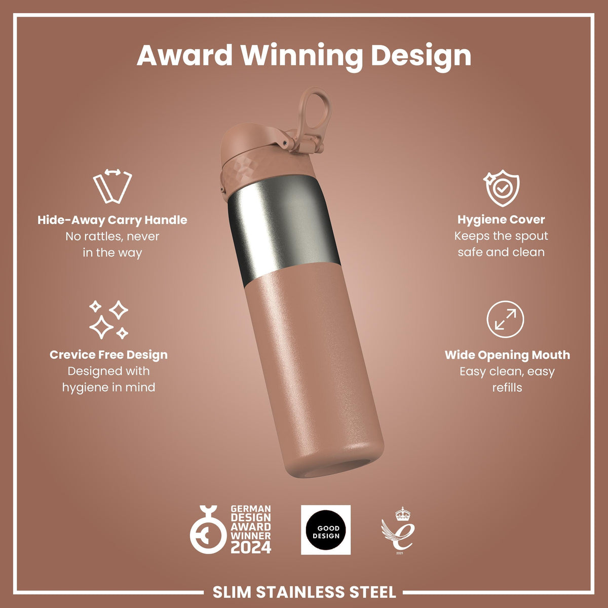 Leak Proof Slim Water Bottle, Stainless Steel, Mocha, 600ml (20oz)