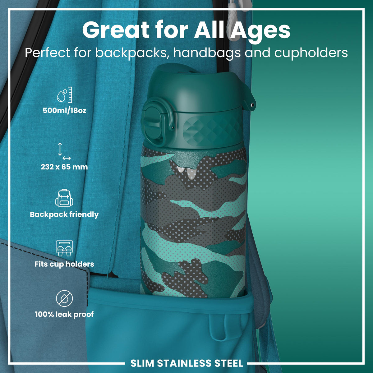 Leak Proof Slim Water Bottle, Stainless Steel, Camouflage, 600ml (20oz)