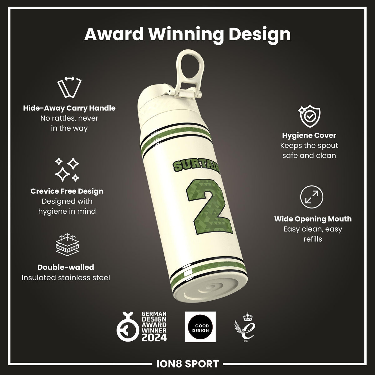 NFL x Ion8 Sports, Insulated Bottle, Icon Series, Pat Surtain, 750ml (24oz)