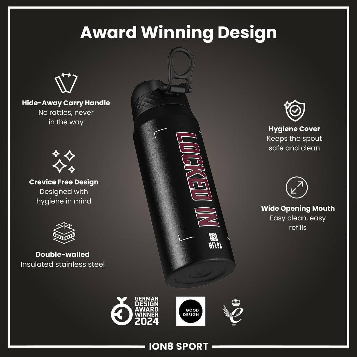 NFL x Ion8 Sports, Insulated Bottle, Locked In Series, Jayden Daniels, 750ml (24oz)