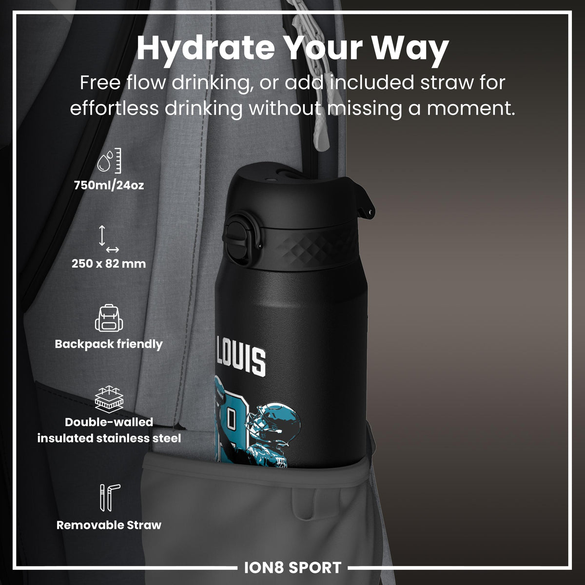 NFL x Ion8 Sports, Insulated Bottle, Locked In Series, Ress-Zammit, 750ml (24oz)