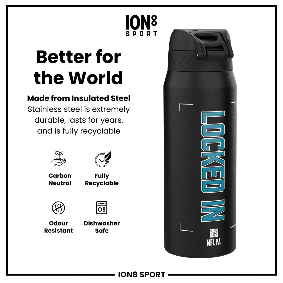 NFL x Ion8 Sports, Insulated Bottle, Locked In Series, Ress-Zammit, 750ml (24oz)