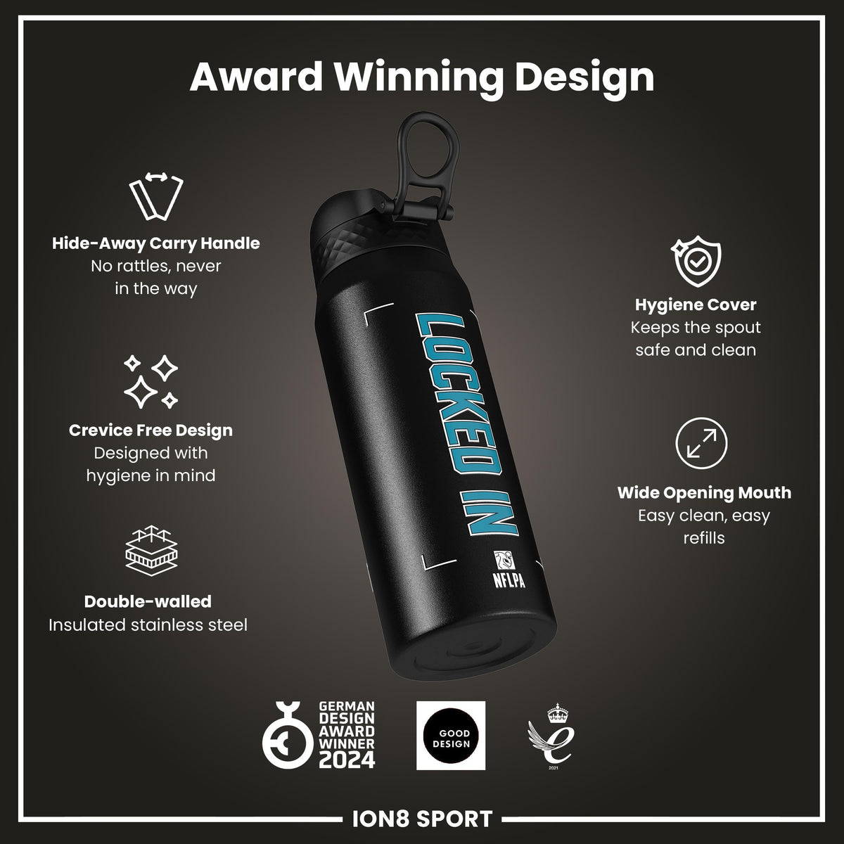 NFL x Ion8 Sports, Insulated Bottle, Locked In Series, Ress-Zammit, 750ml (24oz)