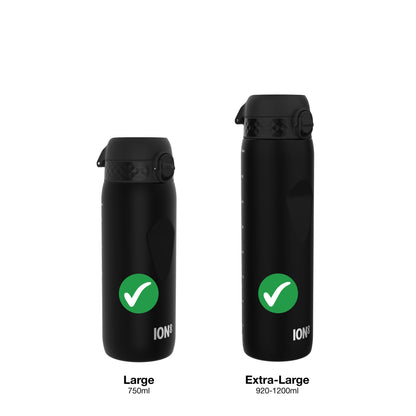 Two black water bottles stand upright on a white background with flip-top lids; each features a green checkmark and the text "ION8" at the bottom. Large 750ml Extra-Large 920-1200ml