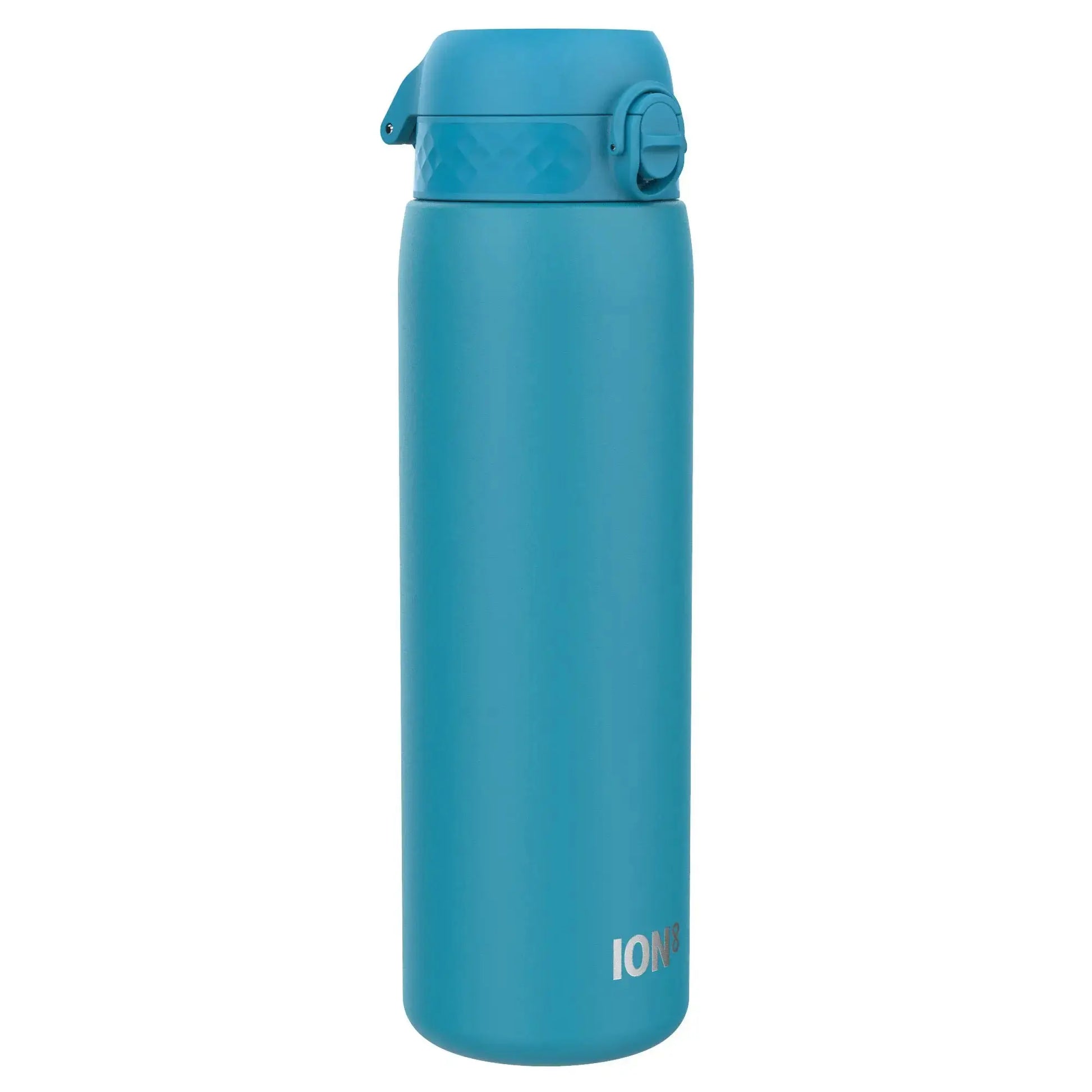 A blue insulated water bottle stands upright against a white background with a secure flip-top lid and the text "ION8" near the base.