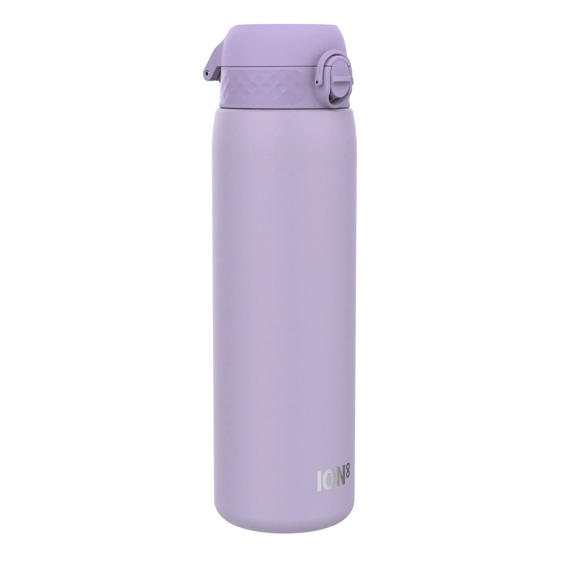 A purple reusable water bottle with a flip-top lid displayed against a white background with the text ION8 on the lower side.