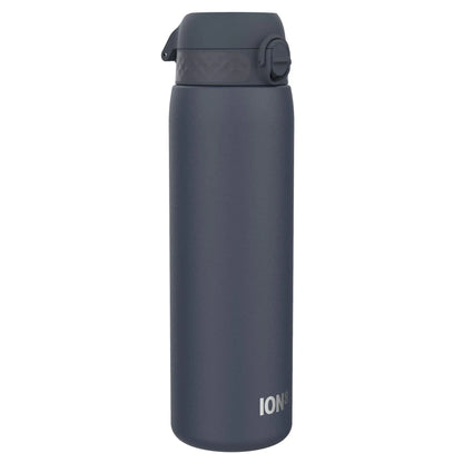 A dark gray water bottle stands upright with a hinged cap featuring a small latch set against a plain white background Text reads ION8