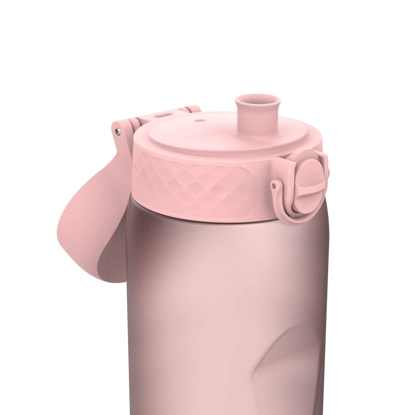 A pink water bottle features a lid with a spout and secure flip top in a bright white background setting.