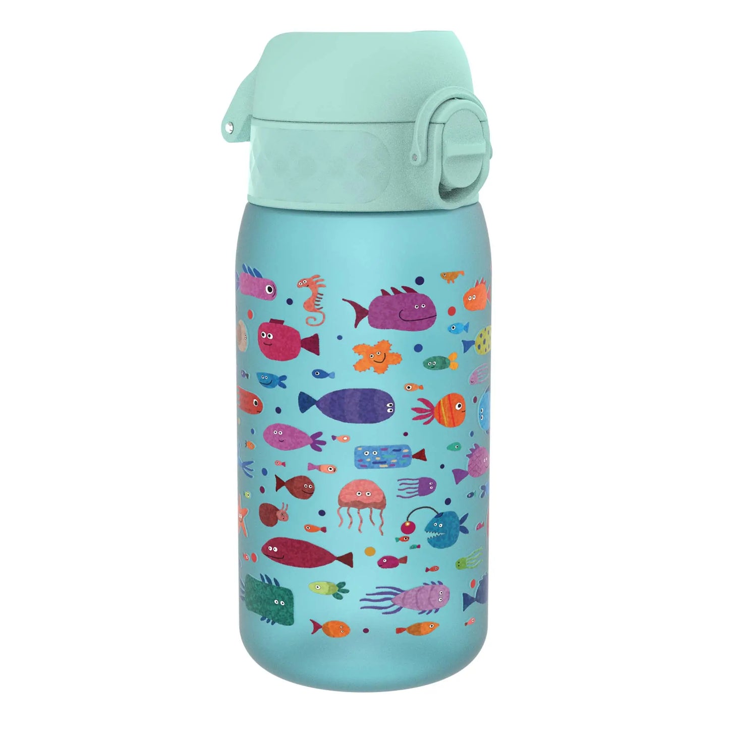 A light blue water bottle features vibrant, cartoonish sea creatures, including fish and jellyfish, arranged around the surface. The cap is the same light blue color with a secure locking mechanism.